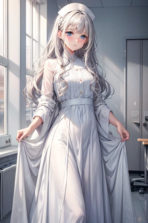 One Woman Man,Silver Hair,Medium Hair,Curly Hair,Blue Eyes,White long dress_Floral,White long skirt_Floral,Wearing a white coat,Wearing a white coat,nurse,Health Room,blush,Small ,,clear,,flat chest