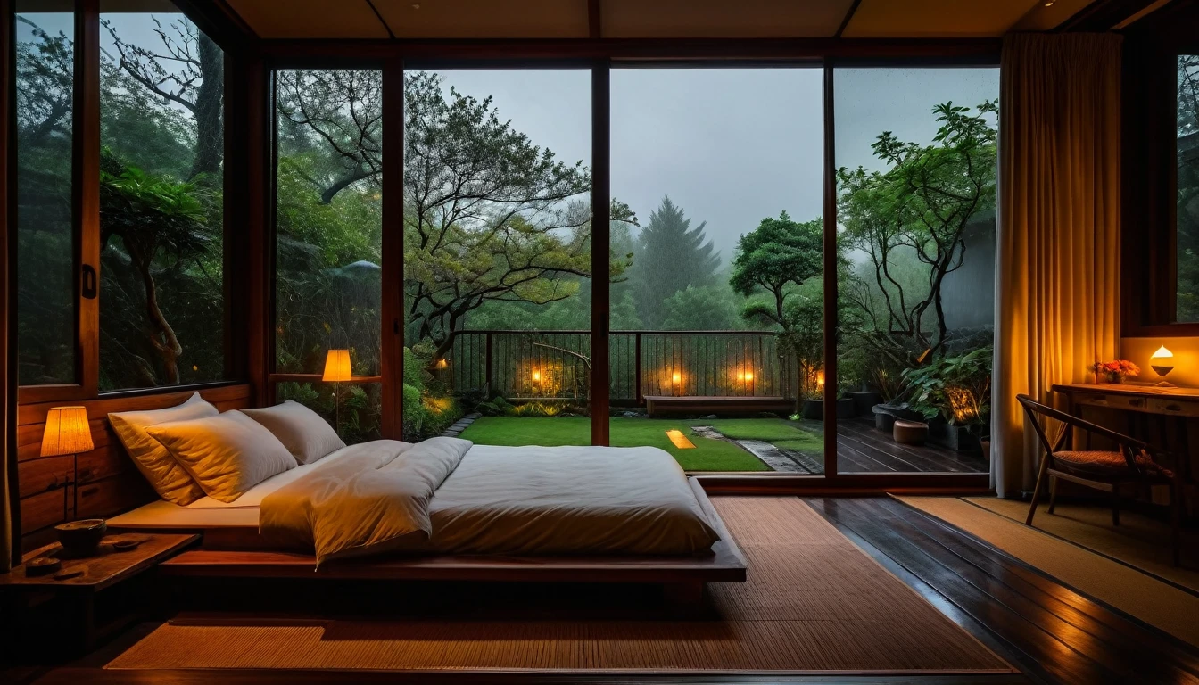 The picture shows a cozy bedroom with large windows offering views of a beautiful, dimly lit garden AND a garden filled with FLOWERS. CINEMATIC atmosphere, gloomy, dull, gloomy rain, cloudy outside JAPANESE HOUSE, This room has tatami floors, shoji doors and minimalist wooden furniture. . The bed was unmade with rumpled sheets, indicating only a light sleep. looks dim, gloomy. Beside the bed there is a small table with a classic lamp that radiates warm light into the room. Outside the window you can see the lush greenery of the terrace or balcony area, the rain is falling, the lamp on the left provides warm lighting, creating a calm and peaceful atmosphere. with fog obscuring part of the view in the distance. The contrast between the warmth indoors and the rain outdoors creates an inviting and calming atmosphere