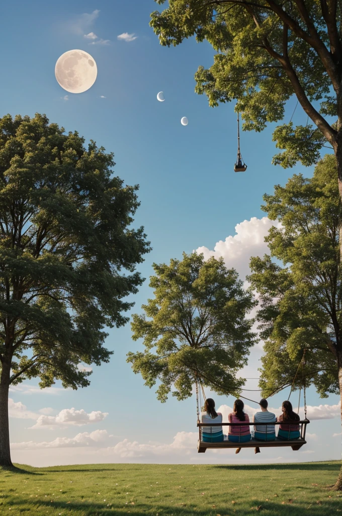 Create an image in which you can see a small hill with a tree and hang a swing from it where a mother and two children are sitting on the sides., looking towards the moon that is in front. And may a heart be shown in the sky with a background image of a mother hugging her two children looking straight ahead. 
