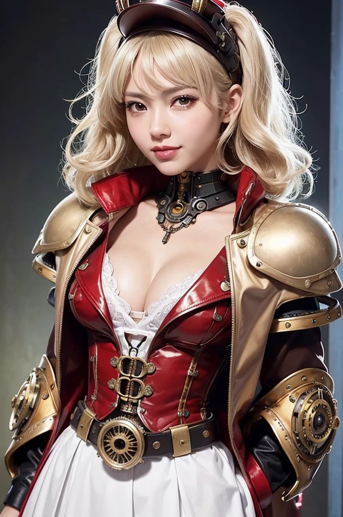 Woman portrait,Highest quality、Rear view、8K,Detailed face, clear, Fine skin、Clear, beautiful eyes、whole body、Curly Hair、My hair was messed up by the wind、The beauty of a smile、(Glamorous Muscle、tall),(Hip_superior, Hip superior), Mature Woman,( Watching the audience),Realistic, High resolution, Soft Light,1 female, alone, Hipアップ, Glowing Skin, (Detailed face), Sexy smile, Perfect Style, Perfect balance,Platinum gold hair,short hair,Naughty look,((Red steampunk kimono,gyaru)),(,A white mecha with a checkered pattern of white, brown, silver, red and dark brown., High-tech Mecha,Beautiful steampunk cyborg woman,Burberry Check Steampunk Mecha Cyborg Girl,Light red steampunk light red and white jacket,Gemstone Helmet,wrist cuffs,belt,The king's cloak、Long skirt),((arms behind back)),(bokeh),(studio lighting)