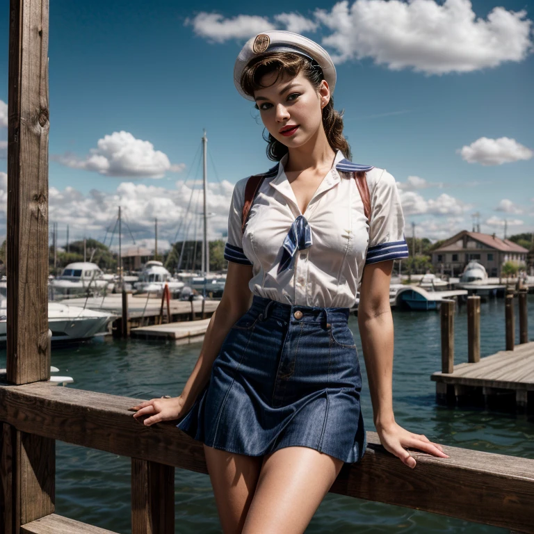 Retro Cam. margaret qualley, aircraft hangar, pilot dress, pin-up, vintage, 22 years old, perfect body, 40's, perspective, half body detail, sharp focus, light mix, detail, 50's, (high skin detail: 1,2), 8k hd, Wallpaper, DSLR, Luz outfit, high quality, Fujifilm XT3 Grainy Films.