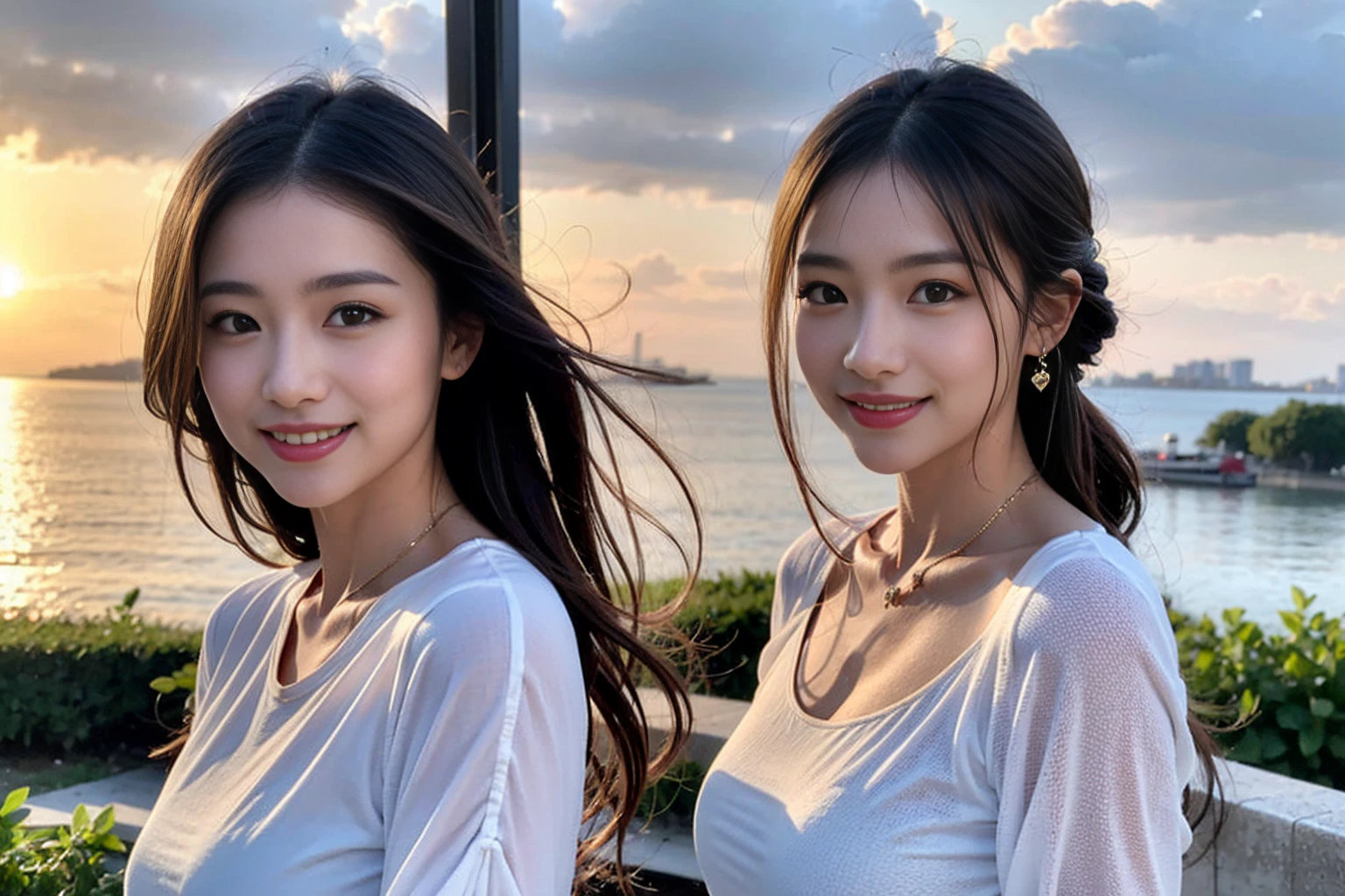 ((Highest quality、、masterpiece:1.3))、1 male、1 female,36 years old 39 years old、Put the light on my face、Slim Beauty、Beautiful couple、Upper Body、smile、 (Slim face), (the body is スリム), (Brown Hair), (Shortcuts), テーブルのフルコースディナーとwine glass、Amazing view of the sunset sky and clouds、smileの美しさ、Wine bottle、sparkling wine、Long sleeve shirt、dress、White wine, red wine, wine glass, Beautiful fine grain, Depth f/2,saturation, High Contrast, Strong light and shadow,Moist Body:1.5、 texture、The hair is very shiny、