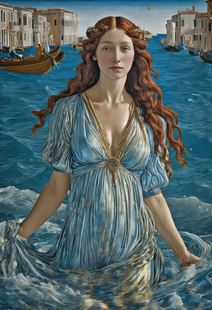 Born of Venus, sandro botticelli, masterpiece, Full body, 4d 8k, wet effect blue tones, realistic detailed