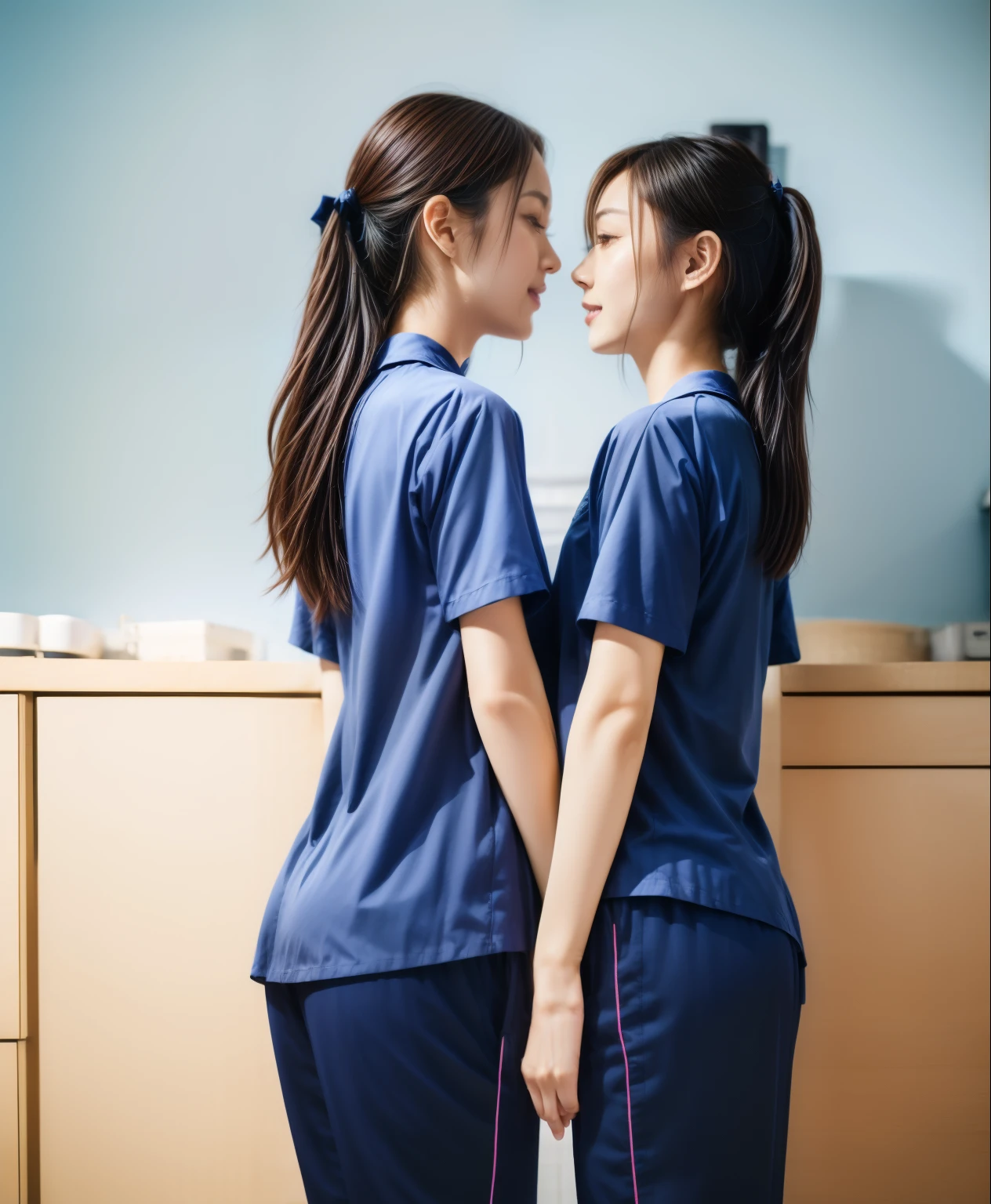 (best quality,10,10,height,Masterpiece:1.2),Special details,(realistic,ภาพrealistic,Realistic photos:1.37),1 Cute girl in the kitchen,shiny, ผิวshiny,only,smile softly,BDclothelue shirt:1.3)),short sleeve,shirt, กางเกงขาlong.,(navy_long_track pants:1.1), ((Kitchen Background)),Dynamic angle,excited,Face focus,dynamic poses,from behind,focus on ass,Masterpiece, best quality, ultra realistic, hyper detail, 8k resolution, raw photos, Sharp focus, ((Navy blue shirt:1.1)), short sleeve, เส้นทางlong, perfect body, 2 mature women, 18 years old, Cinema-grade lighting system,blue sweatpants,shirtผ้าออกกำลังกาย,correct anatomy,perfect body, correct body, Sharp face, correct bodyทางกายวิภาค, full body, realistic gestures, long-haired, realistic poses,Wear long shorts...........................,ช่วงขาlong,Good shape,carved girl, Slender figure, model, Good shape, beautiful body,blue sweatpants, two girls kissing