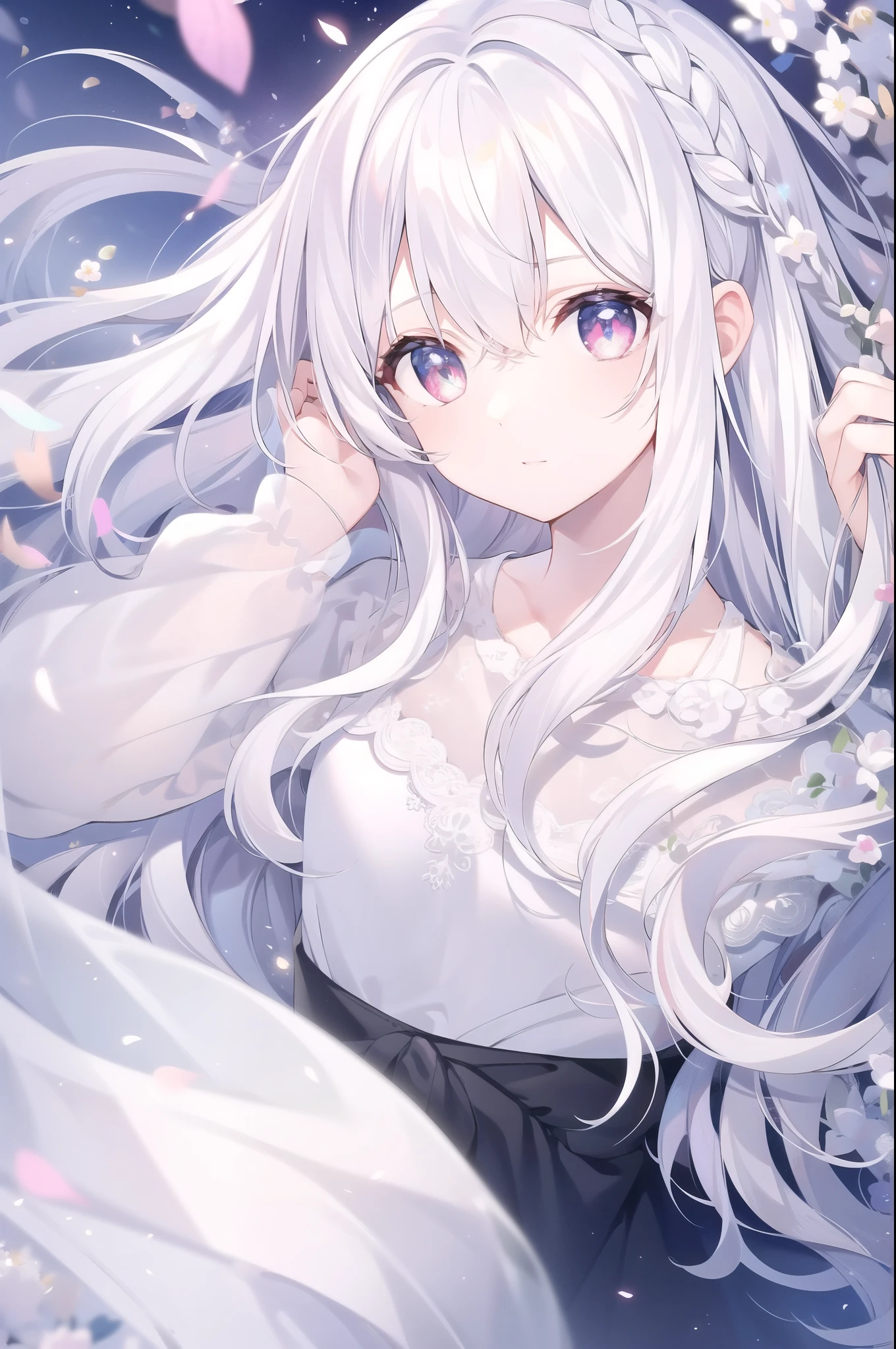 ((masterpiece, best quality))++, Detailed lighting+, Detailed hair+, Detail hand+ ,1 girl, Miss, Long hair, Crimson eyes, beautiful eyes, young white hair,,(Beautiful white hair:1.5),(Beautiful and delicate eyes), high resolution+,glass tint, Reflective eyes, {{angle}} , Very detailed wallpaper, The original, Air bangs,Extremely beautiful CG,black worksuit,Firefly,Galaxy,Shattered like a mirror