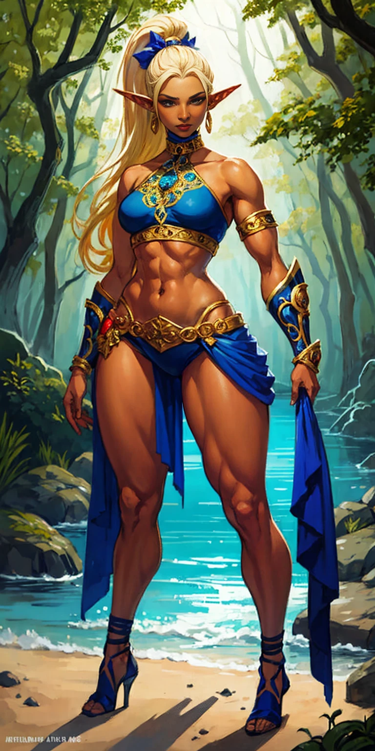 Extremely detailed Artgerm style: This sets the overall artistic style with a high level of detail. Fantasy art: This specifies the genre. Goddess of the treen forest: This defines the character's role and gives context to the setting. Woman with long, elf ears: This incorporates the elf features. Black skin: This specifies the character's race. Ornate bikini armor: This combines the skimpy clothing with a fantastical, protective element. Blue high heels standing straight symmetrical: This suggests the color of the bikini and potentially the water body. Long, messy blonde hair: This adds a detail that contrasts the Artgerm style, which is typically more polished for hair.