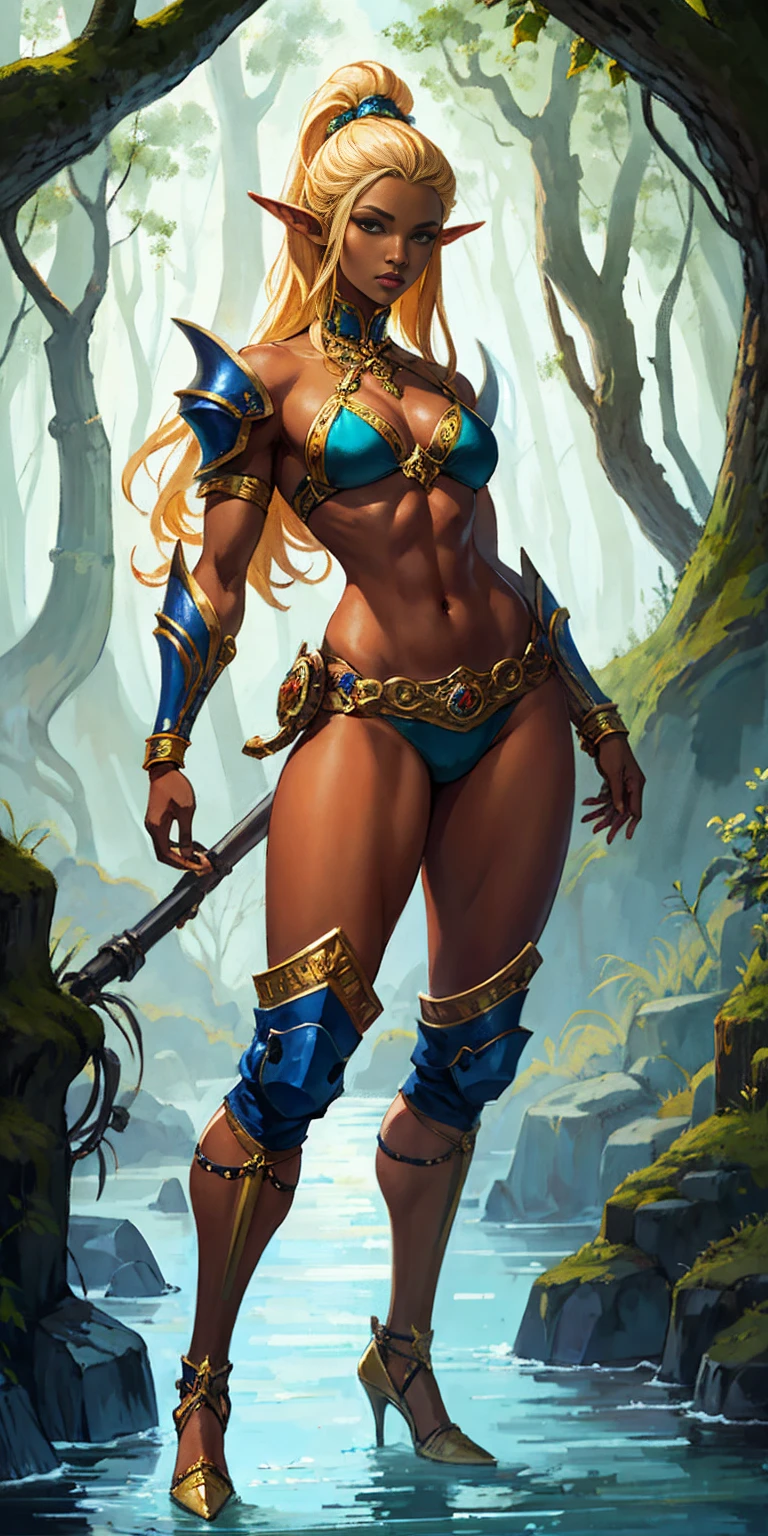 Extremely detailed Artgerm style: This sets the overall artistic style with a high level of detail. Fantasy art: This specifies the genre. Goddess of the treen forest: This defines the character's role and gives context to the setting. Woman with long, elf ears: This incorporates the elf features. Black skin: This specifies the character's race. Ornate bikini armor: This combines the skimpy clothing with a fantastical, protective element. Blue high heels standing straight symmetrical: This suggests the color of the bikini and potentially the water body. Long, messy blonde hair: This adds a detail that contrasts the Artgerm style, which is typically more polished for hair.