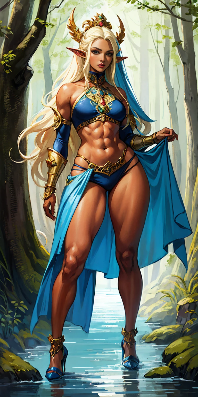 Extremely detailed Artgerm style: This sets the overall artistic style with a high level of detail. Fantasy art: This specifies the genre. Goddess of the treen forest: This defines the character's role and gives context to the setting. Woman with long, elf ears: This incorporates the elf features. Black skin: This specifies the character's race. Ornate bikini armor: This combines the skimpy clothing with a fantastical, protective element. Blue high heels standing straight symmetrical: This suggests the color of the bikini and potentially the water body. Long, messy blonde hair: This adds a detail that contrasts the Artgerm style, which is typically more polished for hair.