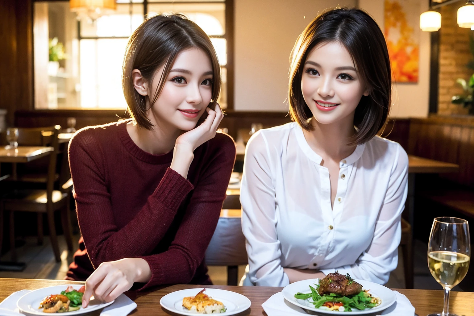((Highest quality、8K、masterpiece:1.3))、Shortcuts、cute、slimカップル、modelカップル、actress男優、(Realistic, Intricate details:1.2), full-course dinner、Wine Party、Amazing view of the sunset sky and clouds、A bright smile、short hair,Bright Face、 (Age 45), 42 years old, red wine 、Appetizers、Italian food、Wine bottle、Champagne、sparkling wine、Two beauties、Brown Hair、Shortcuts、Long sleeve shirt、dress、Beautiful woman 1, (slimな顔), (The body is slim), (Brown Hair), (Shortcuts), cheeks turn a little red,Attractive beauty、restaurant, In a prominent place (From the waist up) Nova Frog Style, actress, model, Upper Body, White wine, slim, wine glass, 中央に置かれたwine glass, smile, (smile: 1.15), Beautiful fine grain, Depth f/2,saturation, High Contrast, Strong light and shadow,Moist Body:1.5、3D texture、Delicate eyes、Brown Hair、The hair is very shiny、
