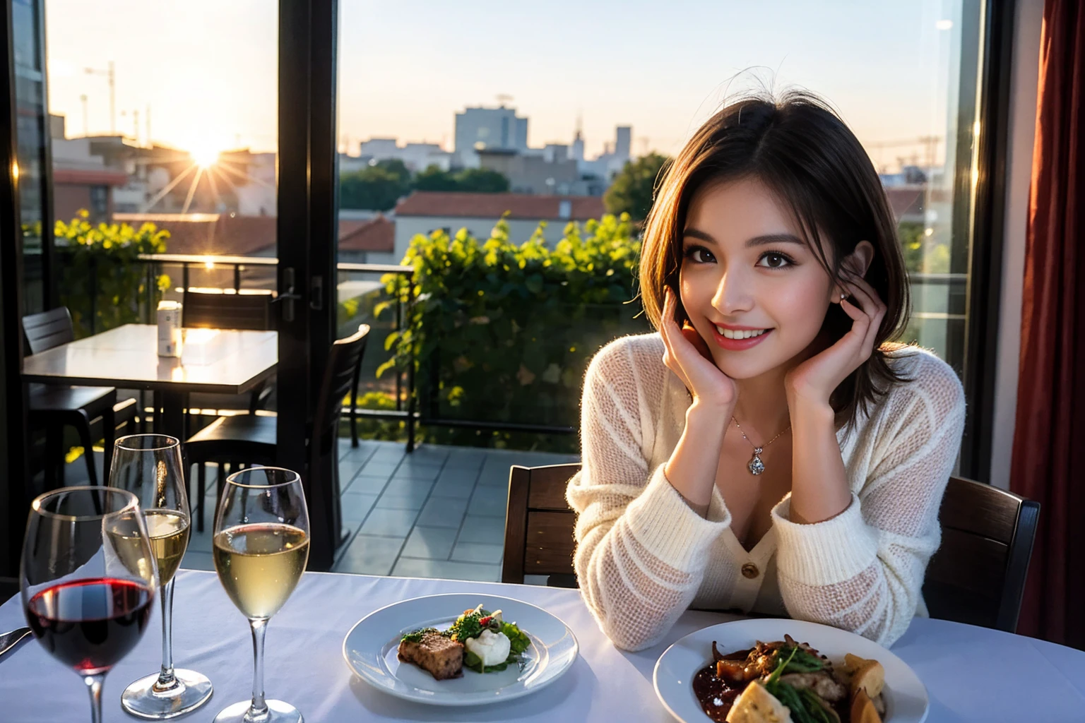 ((Highest quality、8K、masterpiece:1.3))、Shortcuts、cute、slimカップル、modelカップル、actress男優、(Realistic, Intricate details:1.2), full-course dinner、Wine Party、Amazing view of the sunset sky and clouds、A bright smile、short hair,Bright Face、 (Age 45), 42 years old, red wine 、Appetizers、Italian food、Wine bottle、Champagne、sparkling wine、Two beauties、Brown Hair、Shortcuts、Long sleeve shirt、dress、Beautiful woman 1, (slimな顔), (The body is slim), (Brown Hair), (Shortcuts), cheeks turn a little red,Attractive beauty、restaurant, In a prominent place (From the waist up) Nova Frog Style, actress, model, Upper Body, White wine, slim, wine glass, 中央に置かれたwine glass, smile, (smile: 1.15), Beautiful fine grain, Depth f/2,saturation, High Contrast, Strong light and shadow,Moist Body:1.5、3D texture、Delicate eyes、Brown Hair、The hair is very shiny、