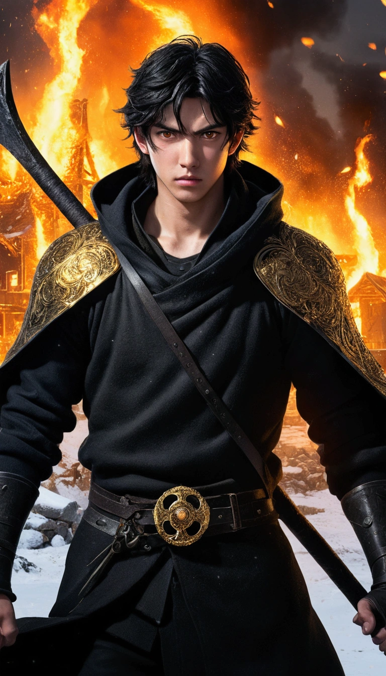 An epic scene where, In the middle of a destroyed and cold village, covered in dense snow, the protagonist, a young man with dark hair and shining golden eyes, hurt by the confrontation, awakens the power of anime fire and with a black war ax with fire details