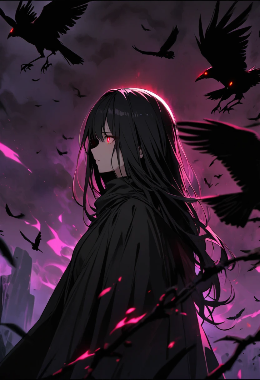 girl, mature, side view, crows, red eyes, black hair, glowing eyes, dark aura, cloak, long hair