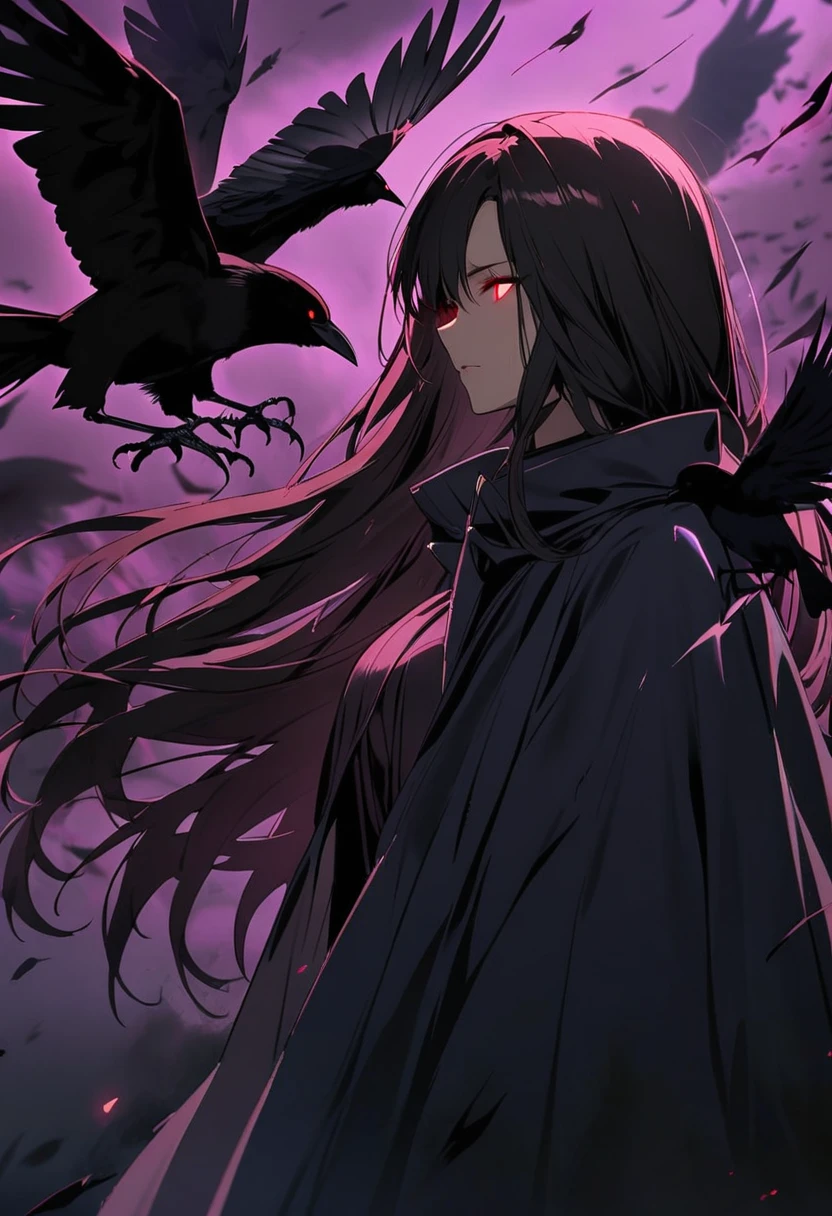 girl, mature, side view, crows, red eyes, black hair, glowing eyes, dark aura, cloak, long hair