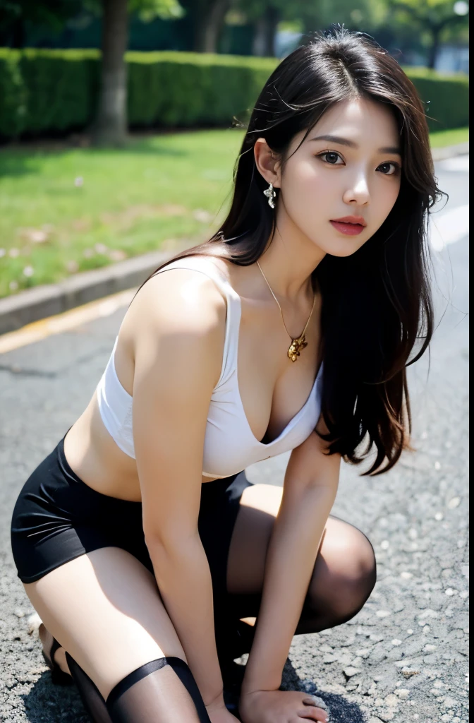 (masterpiece:1.3), (8 thousand, realistic, RAW photos, best quality: 1.4), (1 woman),(sheer silk blouse), (short skirt), (양쪽 다리와 양발에 짙은색 realistic 팬티 스타킹), (Stockings on both legs), (Wearing high heels on both feet with stockings), (full body shot), (outdoors in sunny weather), (walking like a model), (Beautiful makeover), (very beautiful body) , (Realistic and very beautiful face), (long eyelashes), (double eyelid), (Very beautiful eyes, realistic and delicate), (big bust) , (Strong body through exercise), (beautiful abs), (Beautiful heaps), (tall), (realistic face), (black hair. parted, long hair:1.3), (아름다운 parted스타일), (realistic and beautiful skin), (absurd), (attractive), (ultra high resolution), (extremely realistic), (very detailed), (golden ratio), (Two long, realistic and beautiful legs), (realistic 팔), (necklace), (earring),(beautiful nails manicure), (So beautiful and sexy), (perfect secretary look)