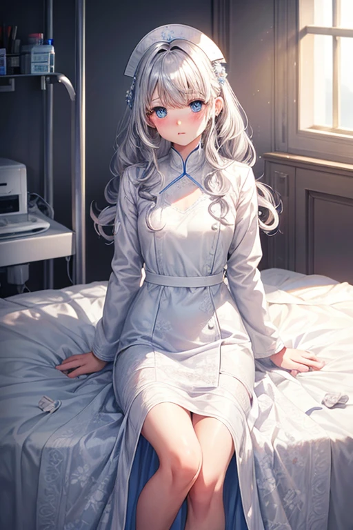 One Woman Man,Silver Hair,Medium Hair,Curly Hair,Blue Eyes,White long dress_Floral,White long skirt_Floral,Wearing a white coat,Wearing a white coat,nurse,Health Room,bed,blush,Small ,,clear,,flat chest