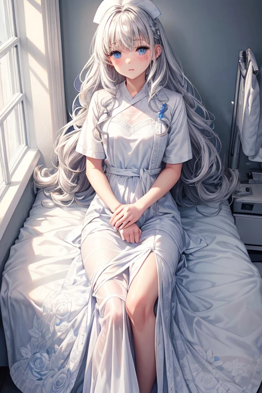 One Woman Man,Silver Hair,Medium Hair,Curly Hair,Blue Eyes,White long dress_Floral,White long skirt_Floral,Wearing a white coat,Wearing a white coat,nurse,Health Room,bed,blush,Small ,,clear,,flat chest