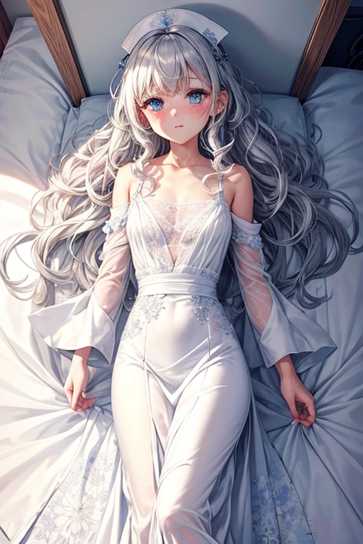 One Woman Man,Silver Hair,Medium Hair,Curly Hair,Blue Eyes,White long dress_Floral,White long skirt_Floral,Wearing a white coat,Wearing a white coat,nurse,Health Room,bed,blush,Small ,,clear,,flat chest