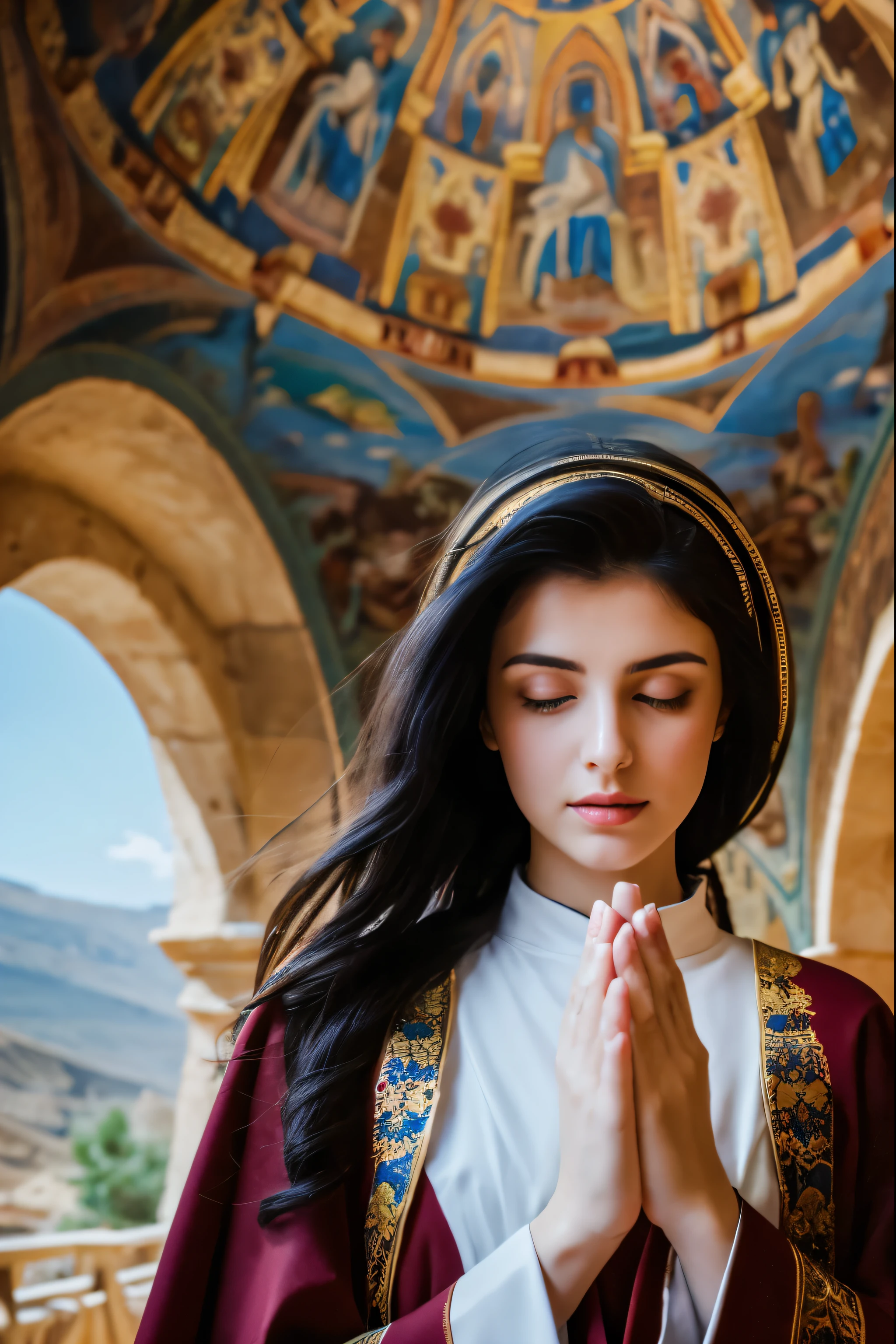 (4K), (Highest quality), (Best details), (Realistic)、Beautiful Armenian girl praying in a cave church in Cappadocia、Wear a cassock、Frugal makeup、Black Hair、Blue Eyes、Beautiful ceiling painting