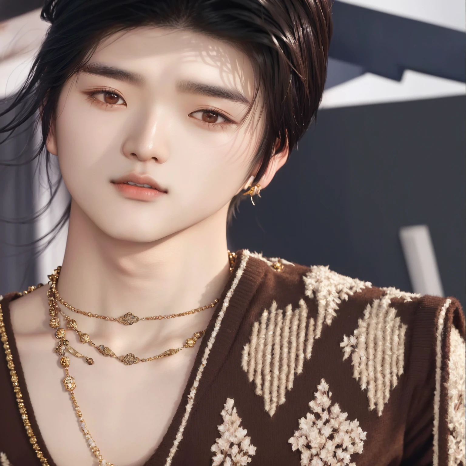 Araffe Asian man wearing a brown sweater and a necklace., Jung Jaehyun, cai xukun, inspired by Zhang Han, hyung tae, daoshi, inspired by Bian Shoumin, jinyoung shin, Yan, Yanjun chengt, kim doyoung, who is siwoo, ruan jia beautiful!, Inspired by Huang Gongwang, kousuke oono, jia