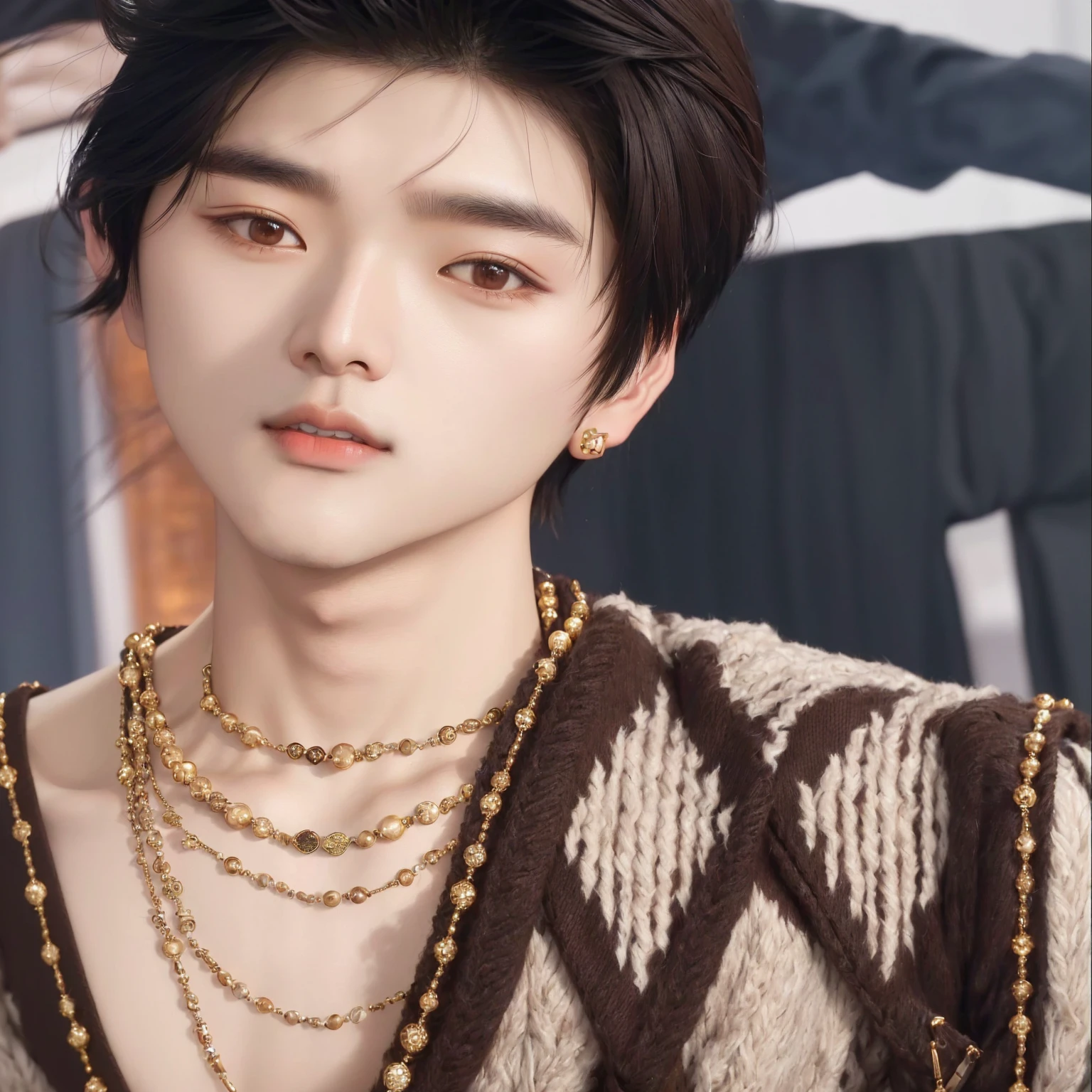 Araffe Asian man wearing a brown sweater and a necklace., Jung Jaehyun, cai xukun, inspired by Zhang Han, hyung tae, daoshi, inspired by Bian Shoumin, jinyoung shin, Yan, Yanjun chengt, kim doyoung, who is siwoo, ruan jia beautiful!, Inspired by Huang Gongwang, kousuke oono, jia