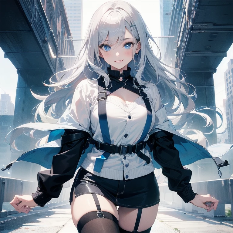 (Masterpiece, Best quality, ultra high resolution), 1 girl, Silver hair, Pale skin, Beautiful detailed face, Detailed eyes, posing on a white background, Dynamic lighting, dynamic shadowing, looking at viewer, White street punk fashion with blue details, (Posing for a photo), ((White clothes)), (((black thigh highs))), jean shorts, skirt, white sweater, ((Blue eyes)), happy, smiling, black straps, black strap design, ((Long white hair)), energetic, cheerful, cityscape background, (garter), blue tertiary color, blue highlights