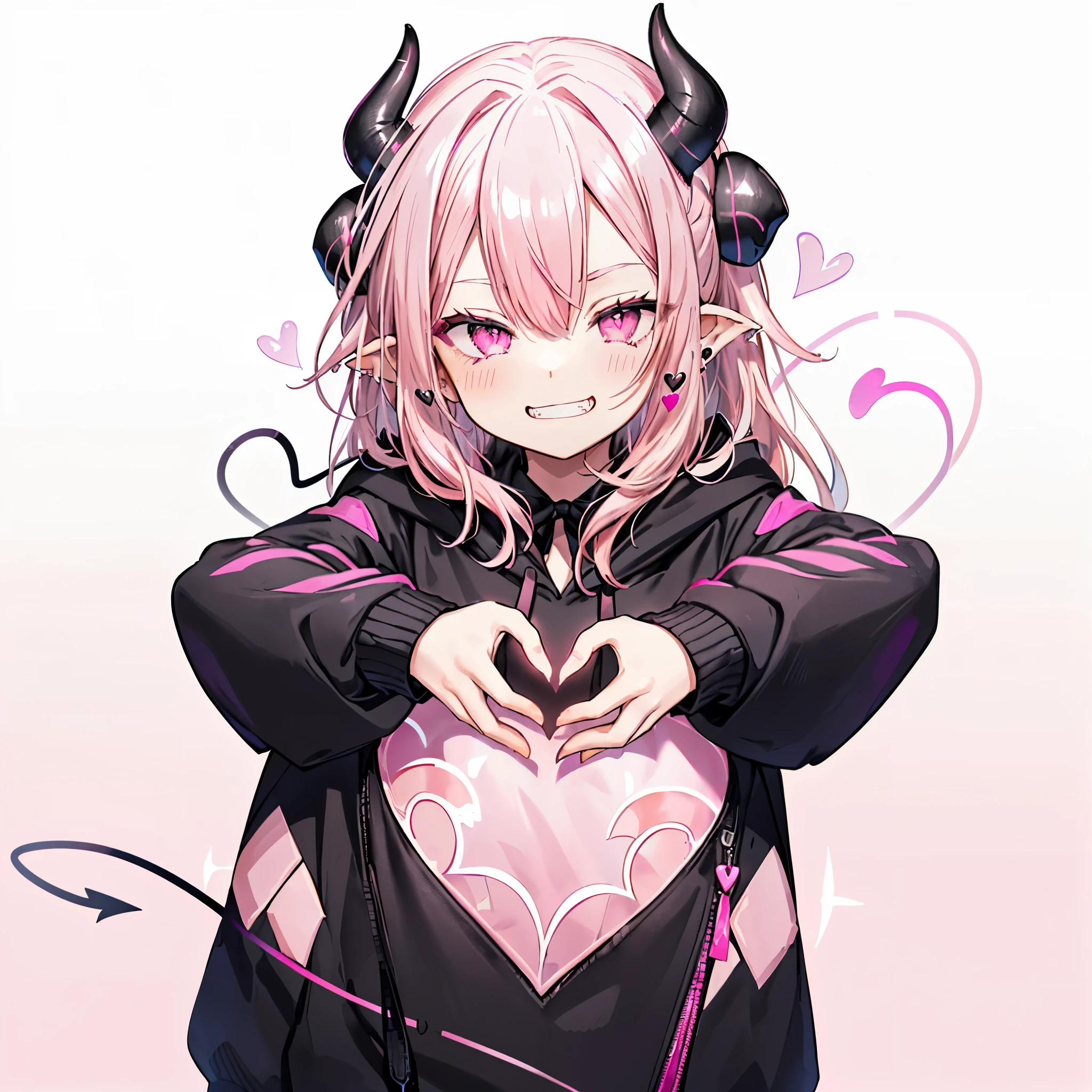 ((((Jagged　Open your mouth　Grin　Pink Background　shining heart))))　(((Black hoodie　Wearing a hood　Demon Horns　Heart Iris　Close-up　Pink Hair　Long Hair　Making a heart with both hands)))　((Shiny earrings　Small black ribbon))　Shining Edge　Shining Background