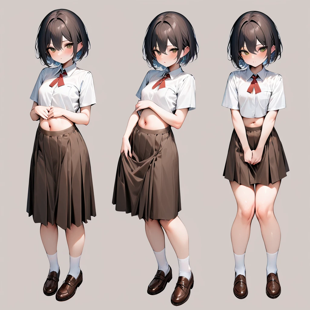 ((Masterpiece, plain background,1:2, masterpiece)) full body standing Catholic SCHOOL GIRL UNIFORM, BROWN SHOES, hands on waist, navel, hair between eyes, short hair