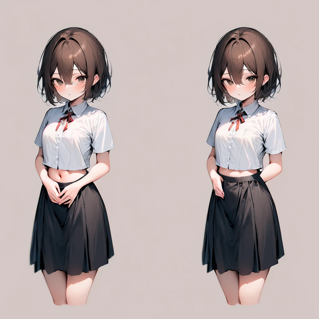 ((Masterpiece, plain background,1:2, masterpiece)) full body standing Catholic SCHOOL GIRL UNIFORM, BROWN SHOES, hands on waist, navel, hair between eyes, short hair