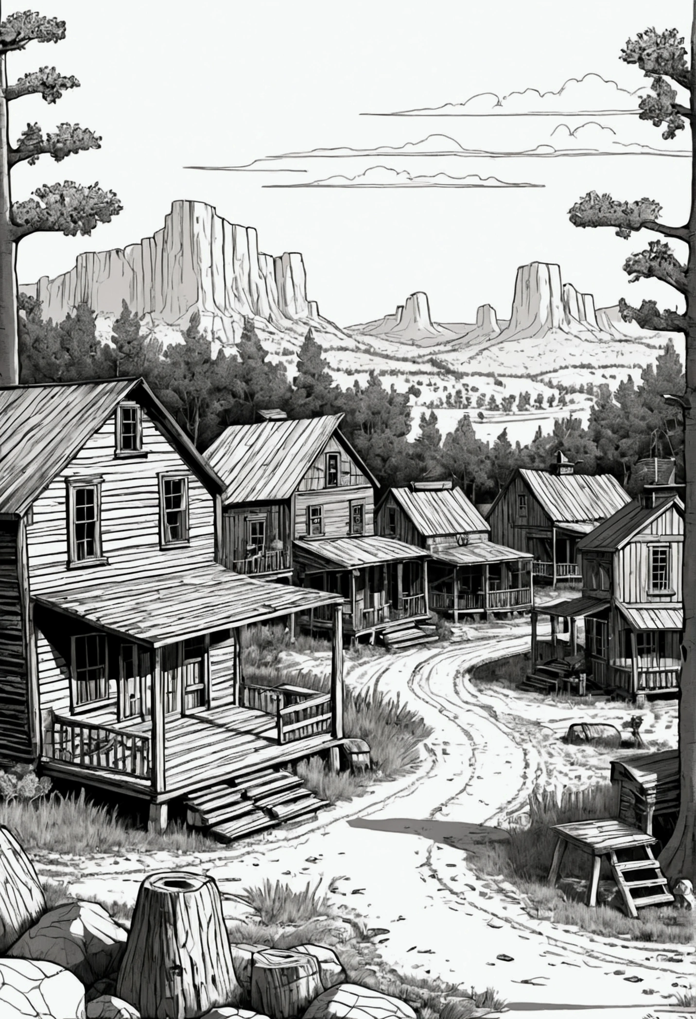 line art drawing of a small wild west town in the woods