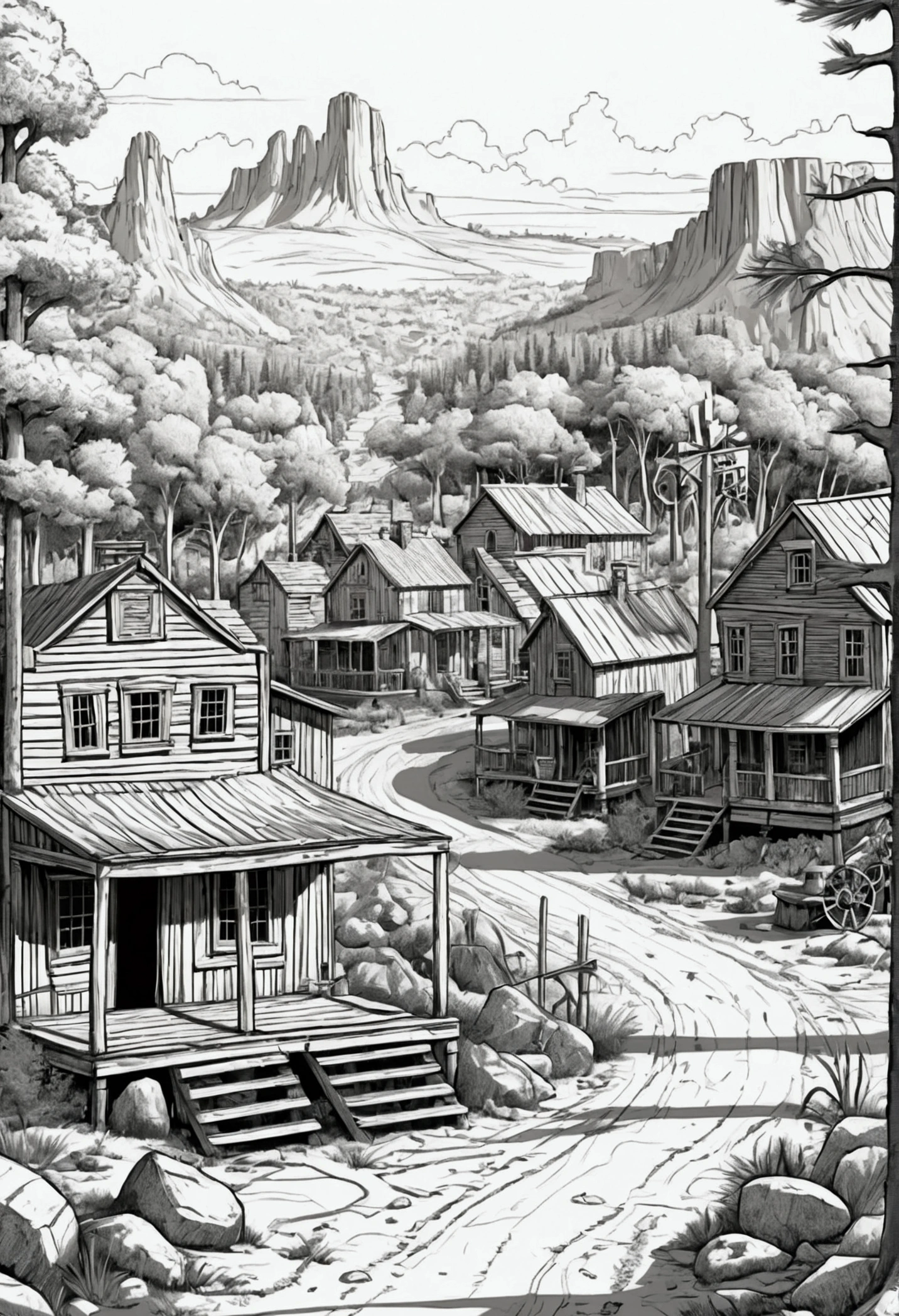 line art drawing of a small wild west town in the woods