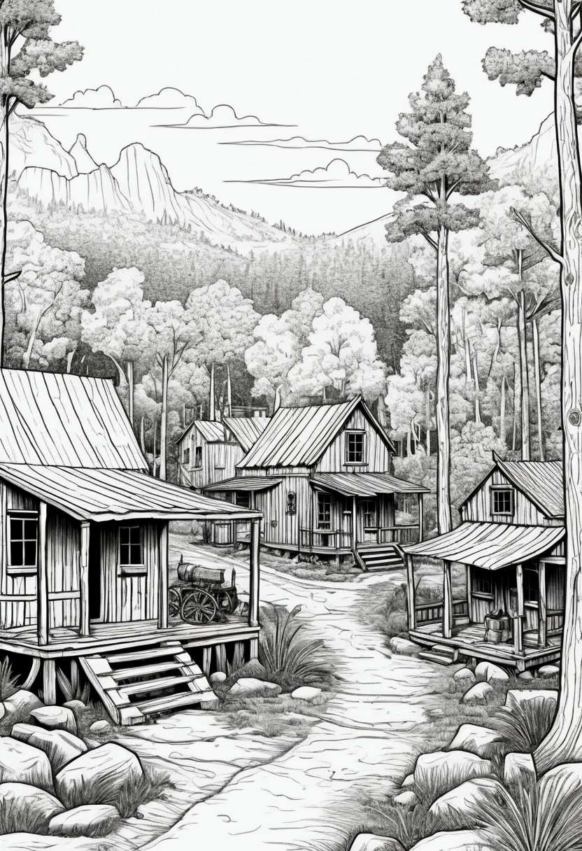 line art drawing of a small wild west town in the woods