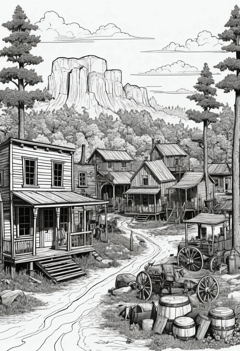 line art drawing of a small wild west town in the woods