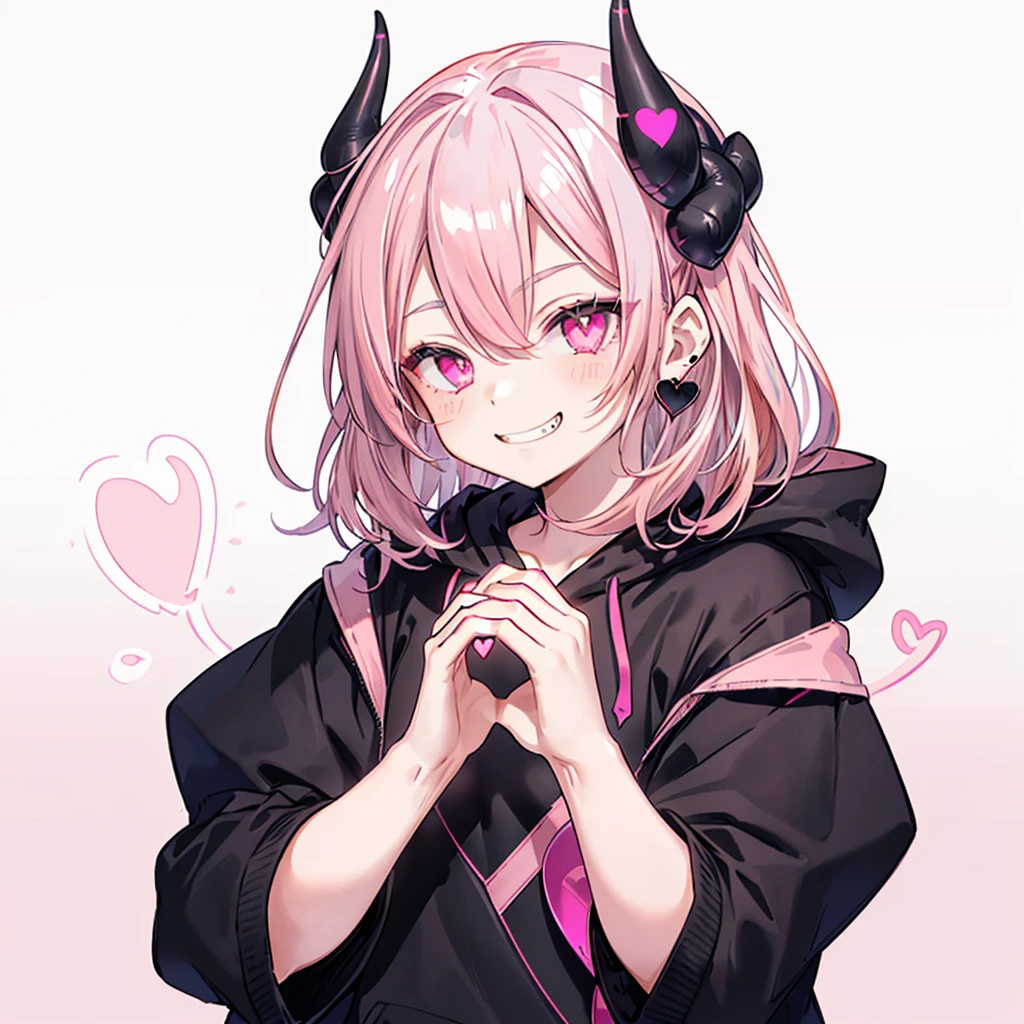 ((((Jagged Open your mouth Grin Pink Background shining heart front)))) (((Black hoodie Wearing a hood Demon Horns Heart Iris Close-up Pink Hair Long Hair Making a heart with both hands))) ((Shiny earrings Small black ribbon)) Shining Edge Shining Background