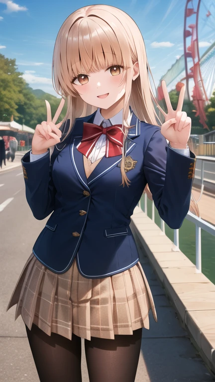 masterpiece, best quality, highres, aamahiru, long hair, red bowtie, blue jacket, blazer, long sleeves, plaid skirt, brown skirt, pantyhose, peace sign, amusement park, smile, standing
