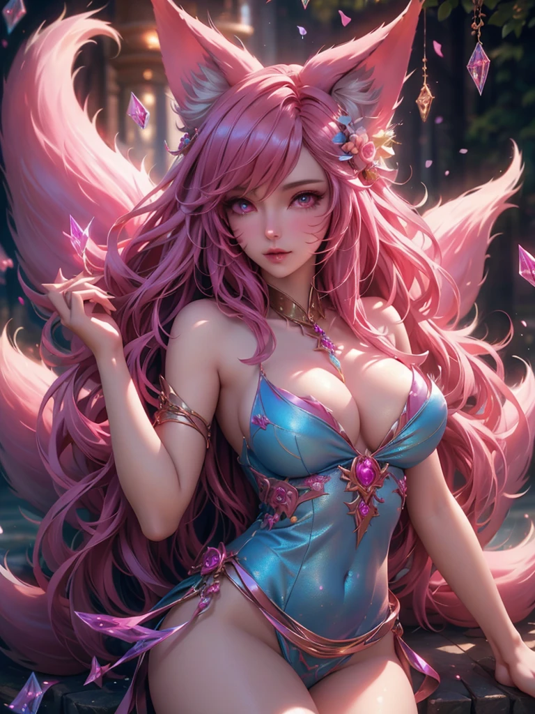 A beautiful girl Ahri from League of Legends, incredibly detailed, alluring eyes, porcelain skin, flowing hair, elegant pose, intricate costume design, highly detailed fantasy landscape background, cinematic lighting, vibrant colors, photorealistic, 8K, studio quality, artstation, concept art style