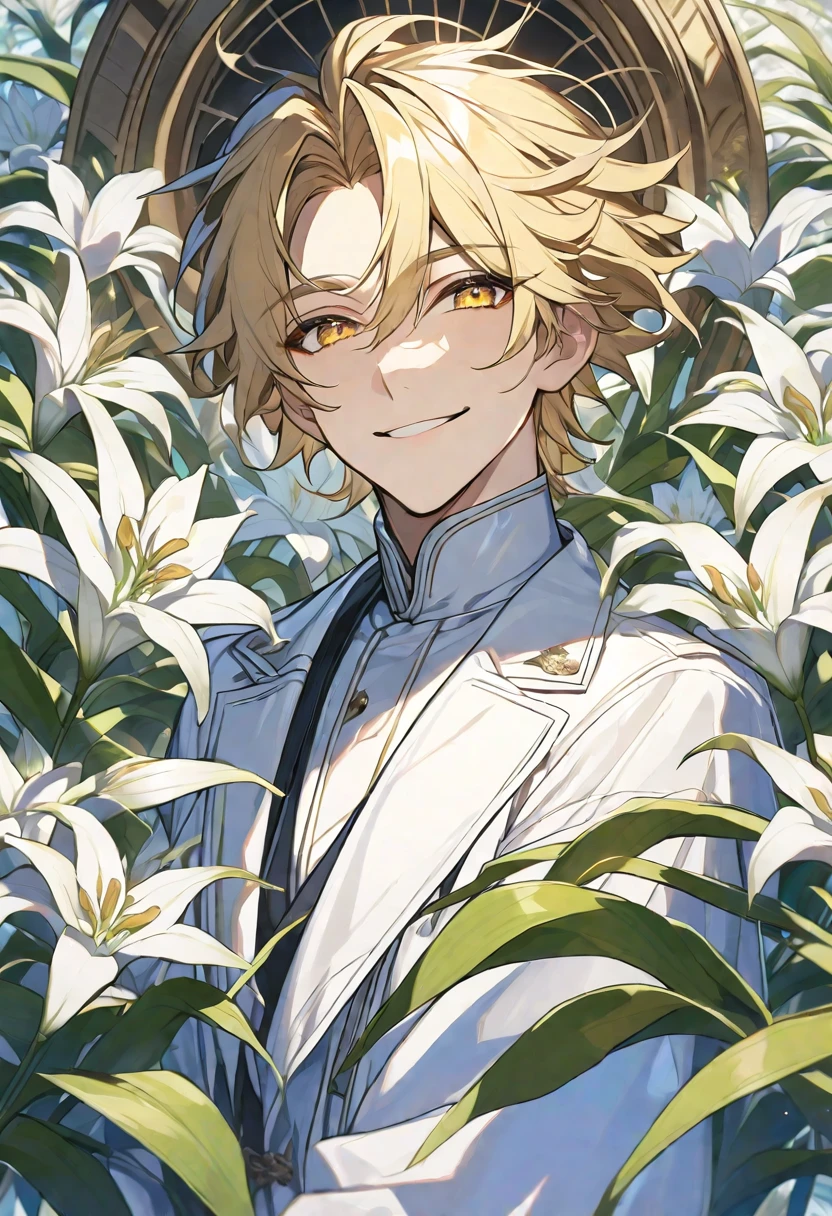 Solo, 1 male, blonde hair, golden eyes, white shirt, white coat, smile facial, white flowers, lily