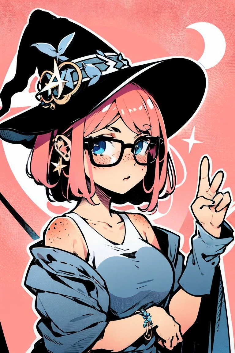 short beautiful women, chubby, plus size, tan skin, blue eyes, freckles all over body, short pixie cut hair, messy hair, pink hair, big round glasses, (shiny tan skin), solo, rating:questionable, cute pose, moon theme, looking stoic, witch's hat, magical, moth accessories