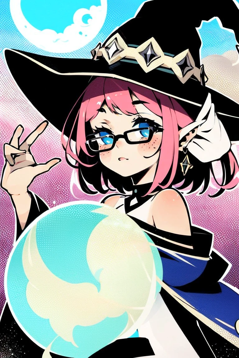 short beautiful women, chubby, plus size, tan skin, blue eyes, freckles all over body, short pixie cut hair, messy hair, pink hair, big round glasses, (shiny tan skin), solo, rating:questionable, cute pose, moon theme, looking stoic, witch's hat, magical, moth accessories