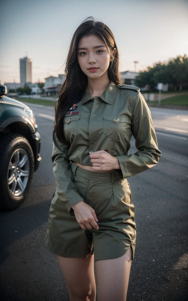 8K, best quality, Extremely detailed:1.37), Aliana, 18 years old, A beautiful Asian girl, Smiling at the camera，Proudly wearing the official military uniform, Representing her role as a soldier. She was wearing a formal summer military uniform that fitted her well.. High-resolution images capture ultra-detailed realism, highlighting Aliana's determined expression, Sharp eyes, and a confident attitude. The background shows a military base, Adds authenticity and meaning to the image. This visually striking representation showcases Aliana's strength and dedication as a soldier.