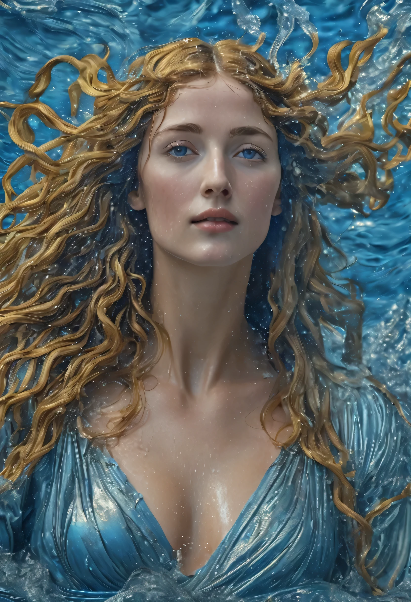 Born of Venus, sandro botticelli, masterpiece, Full body, 4d 8k, wet effect blue tones, realistic detailed