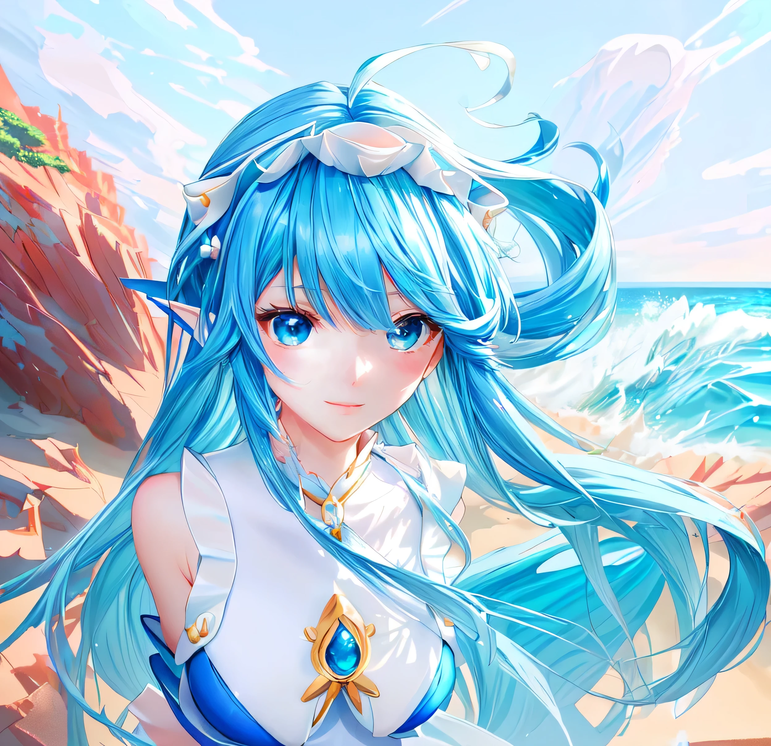 seaside,Anime girl in blue skirt, , Red Cliff, Wearing shell costume, Stylized anime, Maple Story Character Art, Maple Story style, Change,Magical girl style, Anime style, Blue Ocean, Sea Elves,Water Element,Normal human proportions,Upper Body,The best masterpiece,HD 4k,Front view