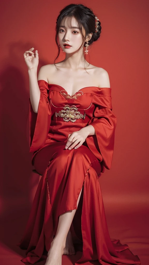 red background,1girl,solo,,ruanyi0766,hanfu,jewelry,black dress,off shoulder,wide sleeves,strapless,barefoot,score_9,score_8_up,score_7_up,,8k,1girl,solo,