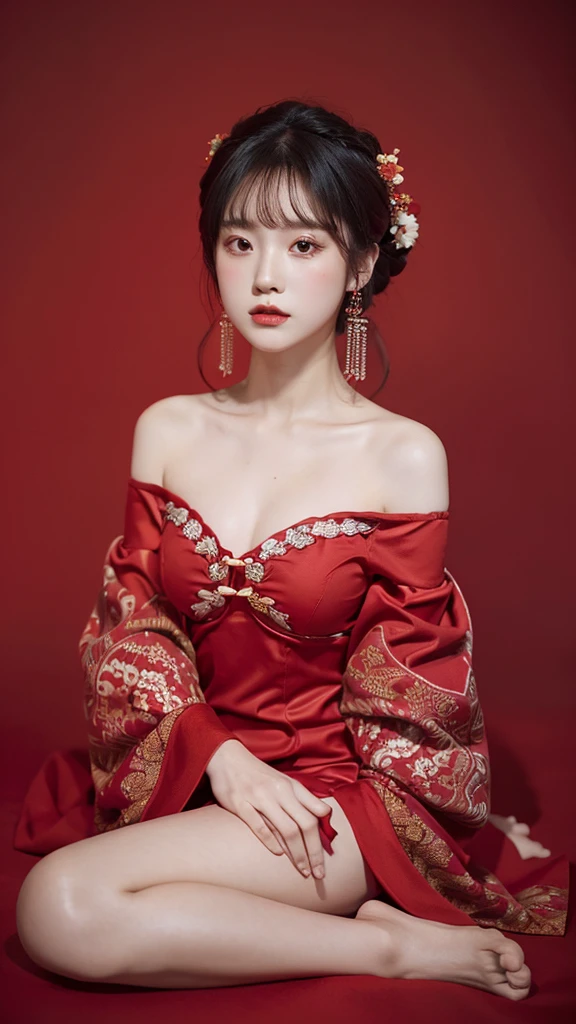 red background,1girl,solo,,ruanyi0766,hanfu,jewelry,black dress,off shoulder,wide sleeves,strapless,barefoot,score_9,score_8_up,score_7_up,,8k,1girl,solo,