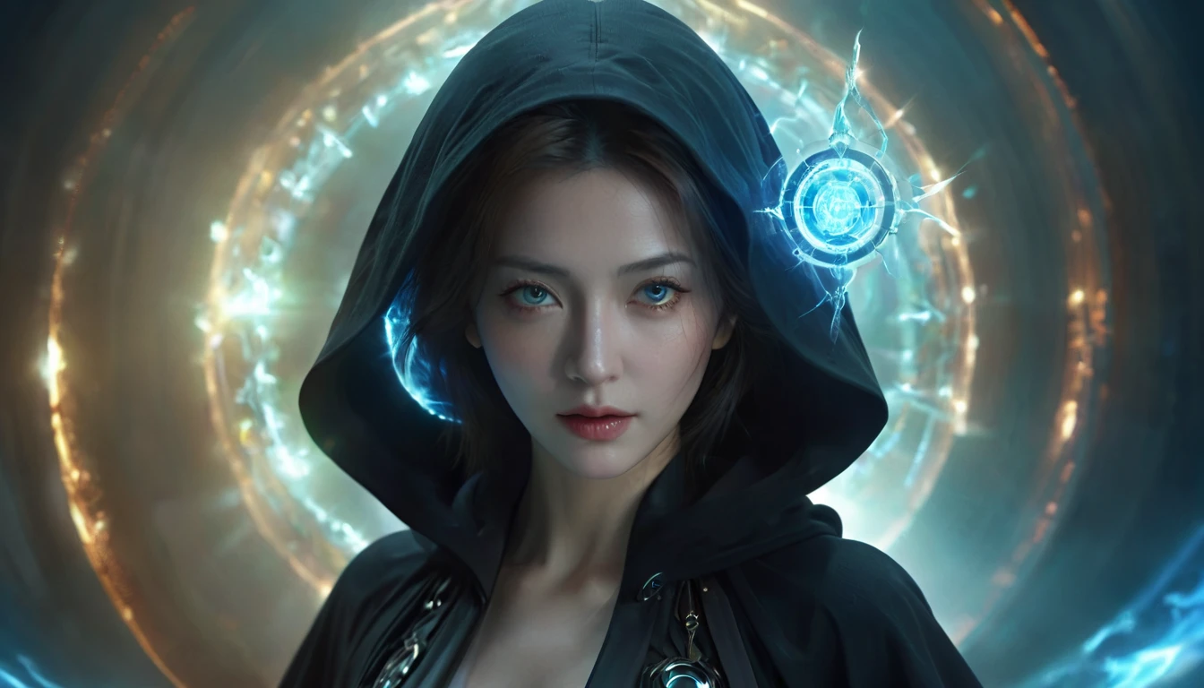 magic circle,magic array,magic circles,magic array,1girl,mecha,black,cloak, (close up), (face close up), cleavage,dark style,ultra wide,octane render masterpiece,beautiful depth of field,ultra wide field,ultra detailed CG perspective,ultra dynamic lighting amazing shadows,cityscape,hell,blue fluorescence,
