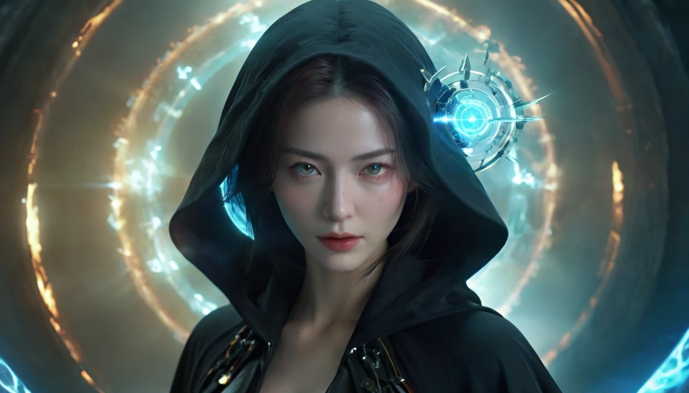 magic circle,magic array,magic circles,magic array,1girl,mecha,black,cloak, (close up), (face close up), cleavage,dark style,ultra wide,octane render masterpiece,beautiful depth of field,ultra wide field,ultra detailed CG perspective,ultra dynamic lighting amazing shadows,cityscape,hell,blue fluorescence,
