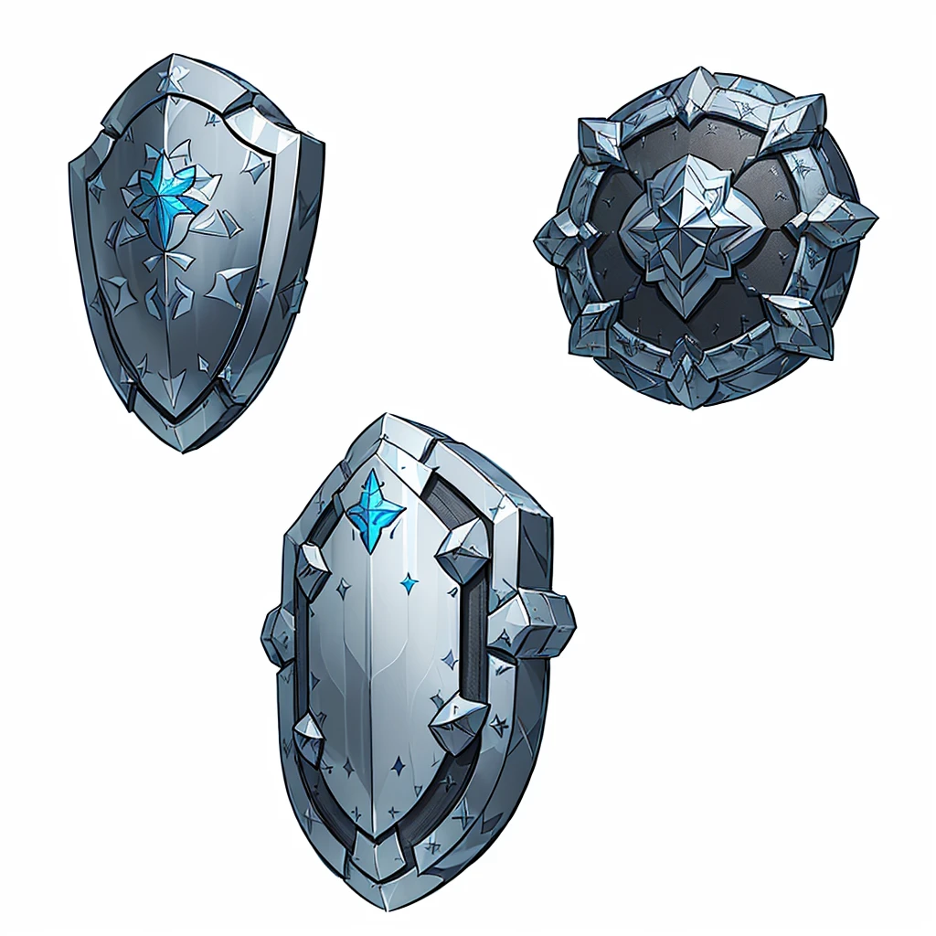 three shields with a star and a shield on them, shield design, armor elements, shields, metallic shield, shield, fantasy shield, Game Assetss, game icon asset, Game Assets, RPG Game Items, Hard Edge Concept Art, riot shields, video Game Assetss, tabletop game props, shield, Armor Plate, metal armor, object concept art, Game Design Asset Pack