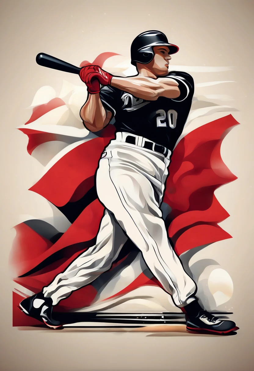 anatomically perfect, general shot, full body, A baseball player, holding baseball bat,a baseball player, line art, colors, red black and white:1.5, Detailed line art, intricate lines, dynamic baseball player, baseball player in motion, realistic sports figure, realistic baseball player, detailed muscle structure, perfect anatomy, Seamless integration, Shocking composition, dramatic lighting, High contrast, Cinematic atmosphere, colors vívidos, Impressive visual impact, Masterpiece, Best Quality, 8k, photorealistic