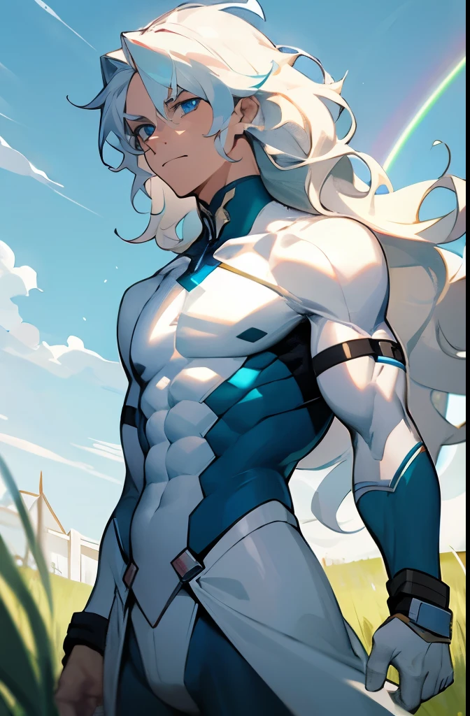 1male , Pale Powder Blue Eyes , Luminescent White Hair , Wavy Hair , Medium Length Hair , Rainbow Highlighted Hair, White Compression Shirt , Muscular , Wrist Wraps , Muscular , Adult Male , Standing in Grassy Planes , Facing Camera , Serious Expression , Sunny Day
