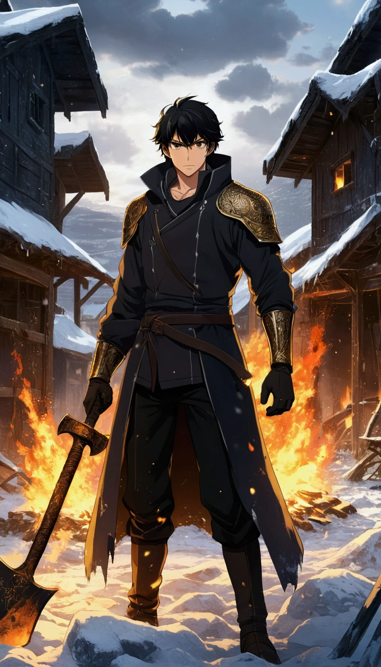 An epic scene where, style of anime, In the middle of a destroyed and cold village, covered in dense snow, the protagonist, a young man with dark hair and shining golden eyes, hurt by the confrontation, awakens the power of fire with a black war ax with fire details