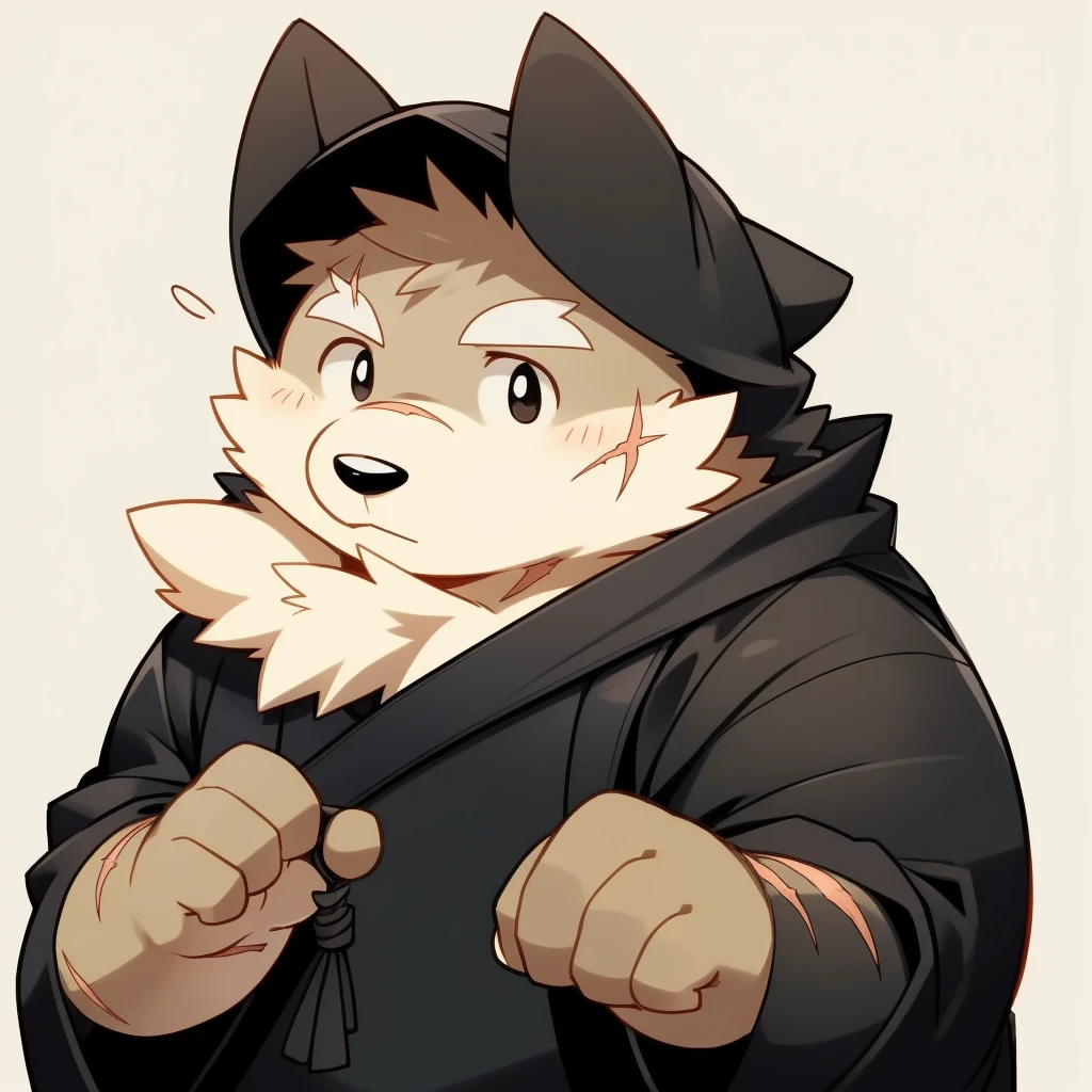 Scribble 黑色柴dog face,Cute face,Humanity(dog),(Black robe:1.3),Chubby,(White eyebrows:1.1),(Perfect black eyes),（artist:Takemoto Arashi），Simple background，scar。